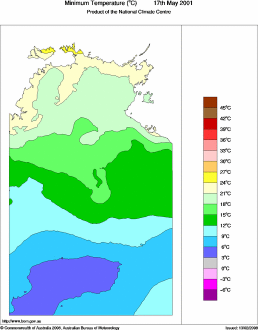 Daily minimum temperature for Northern Territory