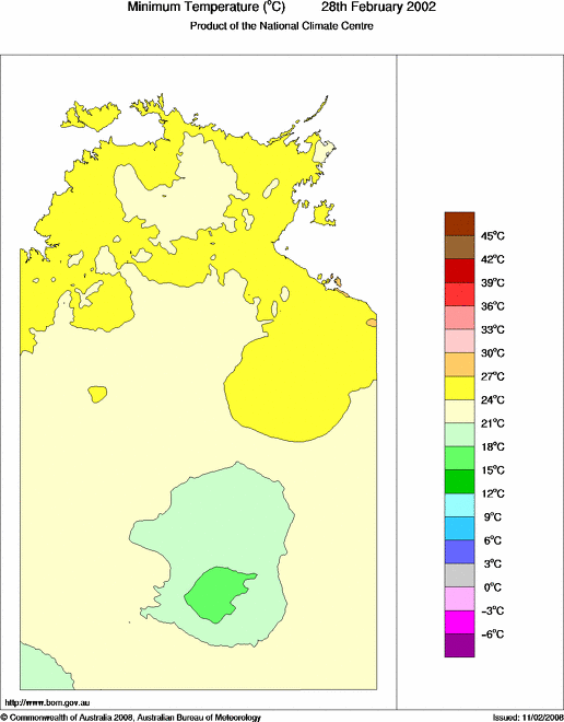 Daily minimum temperature for Northern Territory