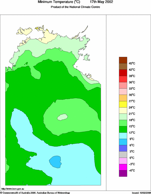 Daily minimum temperature for Northern Territory