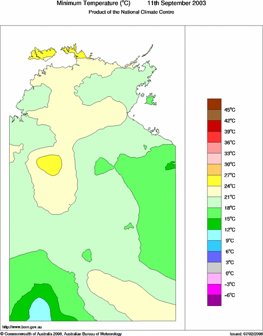 Daily minimum temperature for Northern Territory