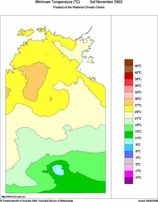 Daily minimum temperature for Northern Territory