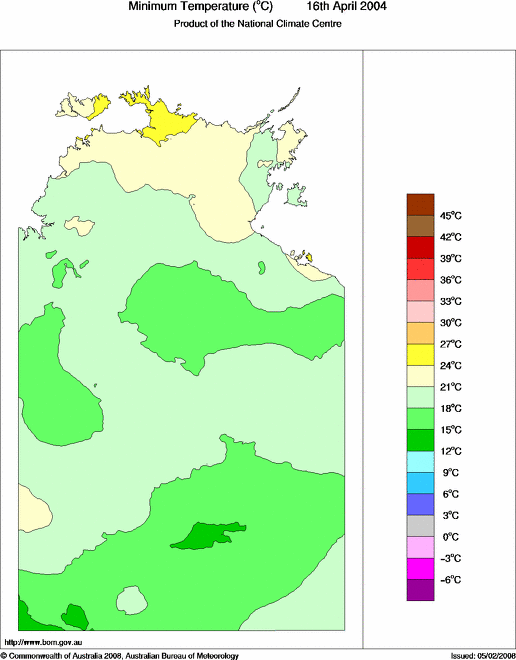 Daily minimum temperature for Northern Territory