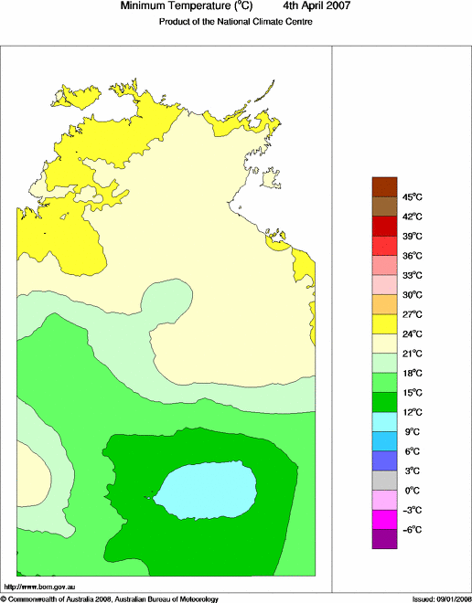 Daily minimum temperature for Northern Territory