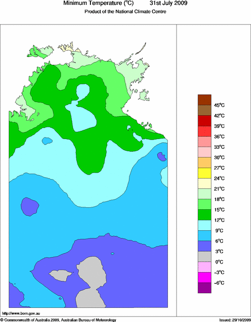 Daily minimum temperature for Northern Territory