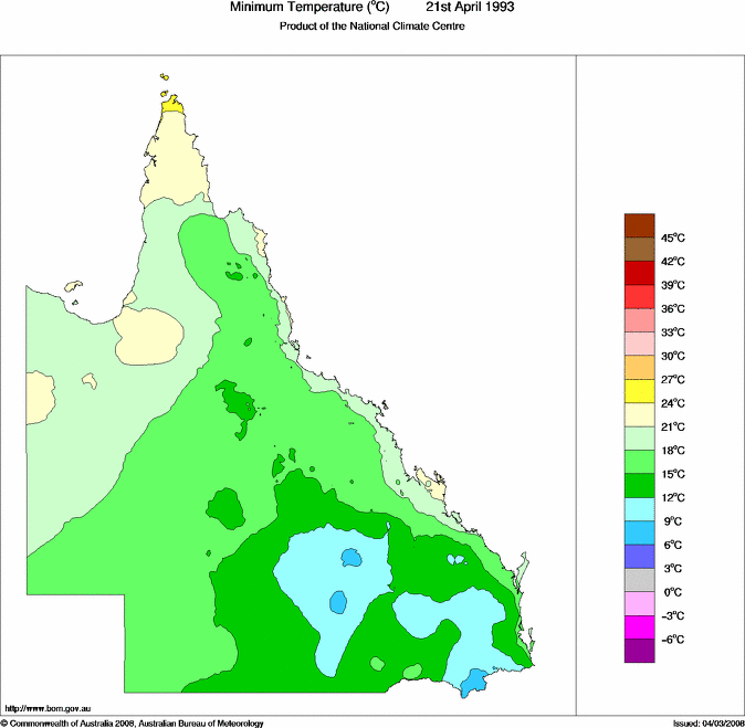 Daily minimum temperature for Queensland