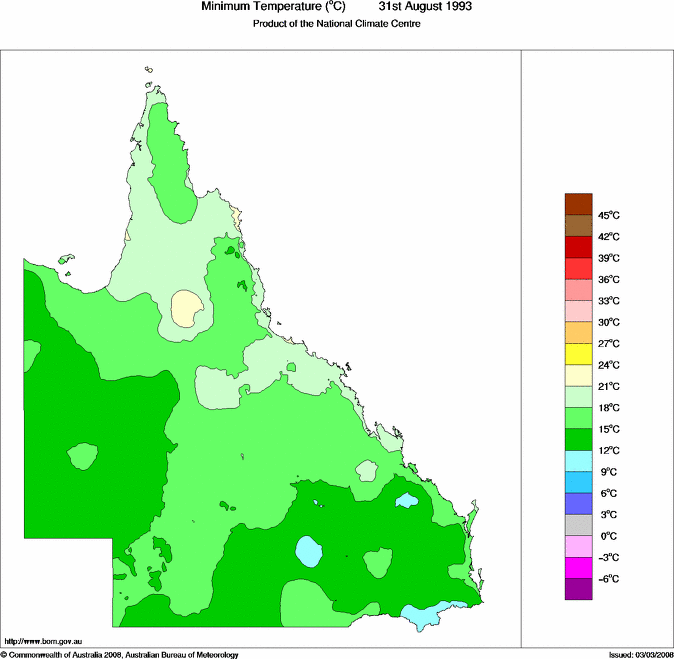 Daily minimum temperature for Queensland