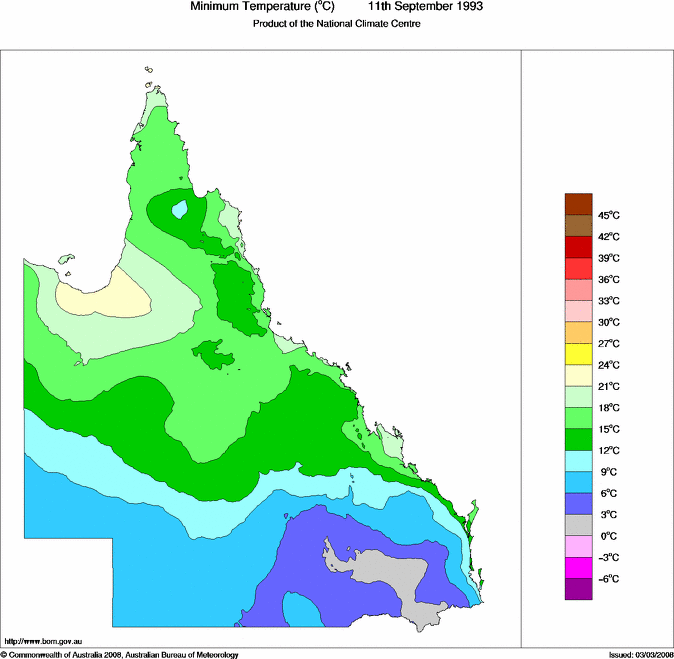Daily minimum temperature for Queensland