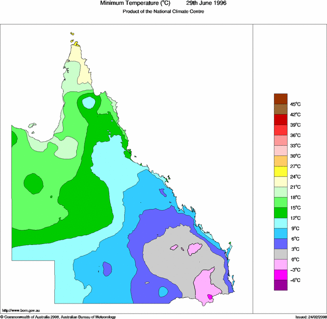 Daily minimum temperature for Queensland