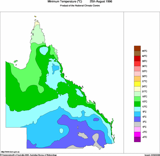 Daily minimum temperature for Queensland