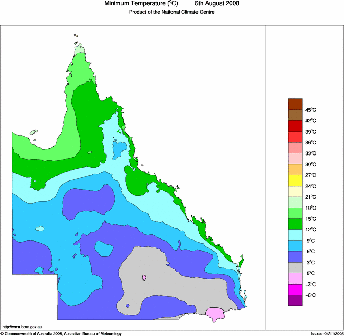 Daily minimum temperature for Queensland