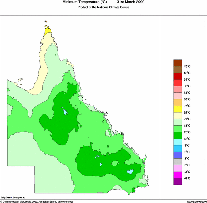 Daily minimum temperature for Queensland