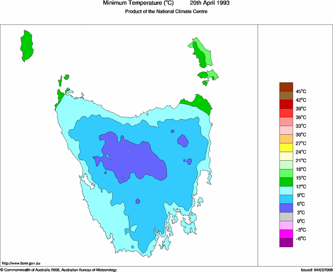 Daily minimum temperature for Tasmania