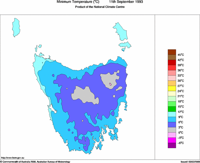 Daily minimum temperature for Tasmania