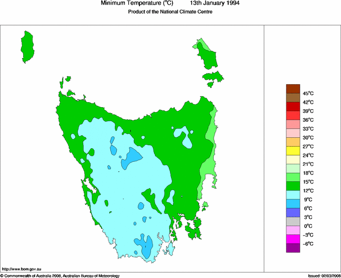 Daily minimum temperature for Tasmania