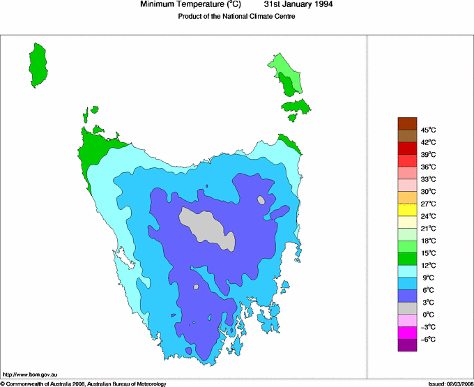 Daily minimum temperature for Tasmania