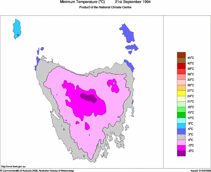 Daily minimum temperature for Tasmania