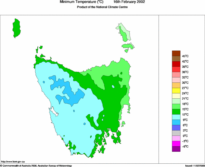 Daily minimum temperature for Tasmania