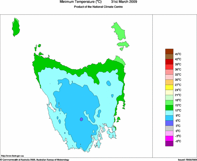 Daily minimum temperature for Tasmania