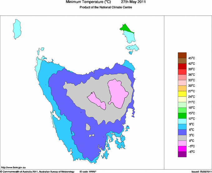 Daily minimum temperature for Tasmania