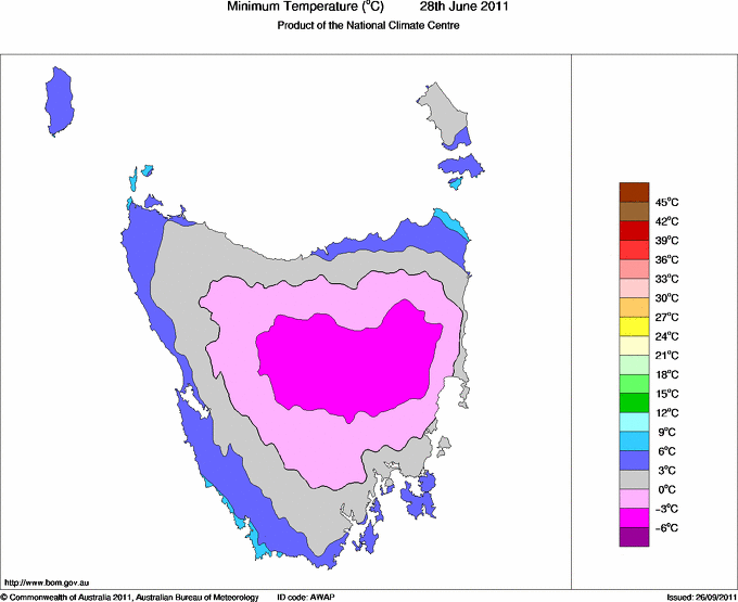 Daily minimum temperature for Tasmania