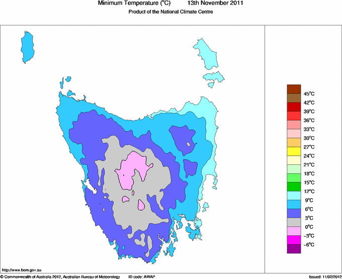 Daily minimum temperature for Tasmania