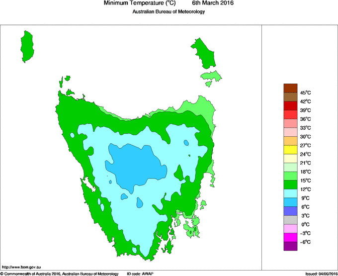 Daily minimum temperature for Tasmania