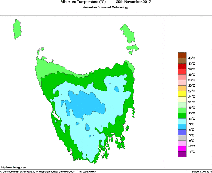 Daily minimum temperature for Tasmania