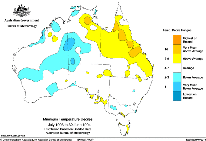 Twelve-monthly minimum temperature decile for Australia