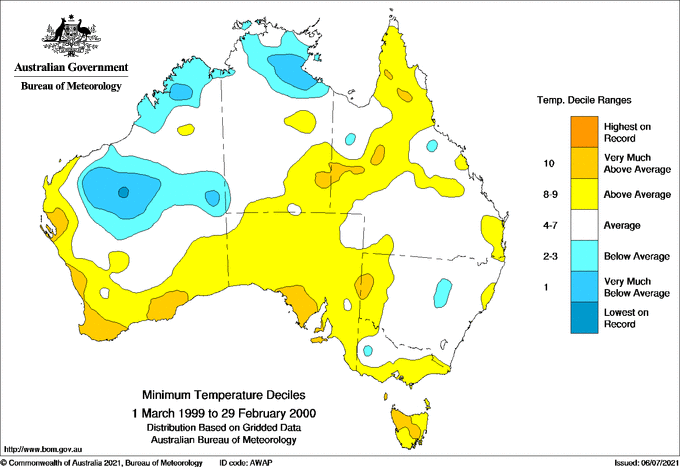 Twelve-monthly minimum temperature decile for Australia