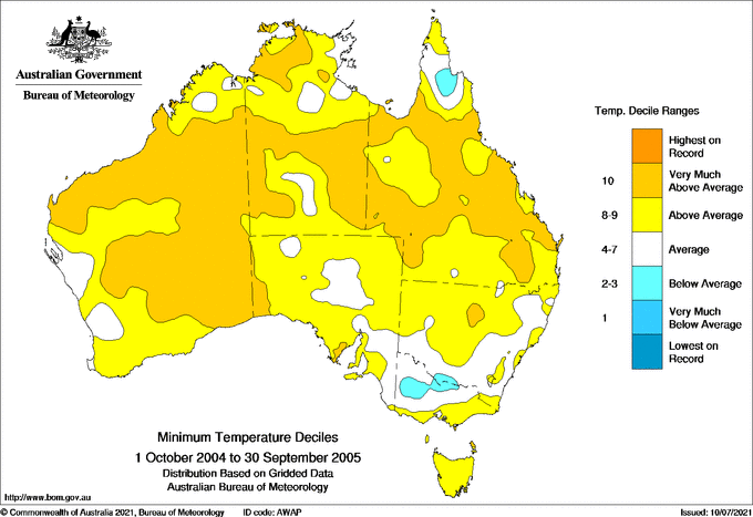 Twelve-monthly minimum temperature decile for Australia
