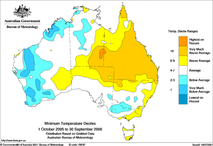 Twelve-monthly minimum temperature decile for Australia