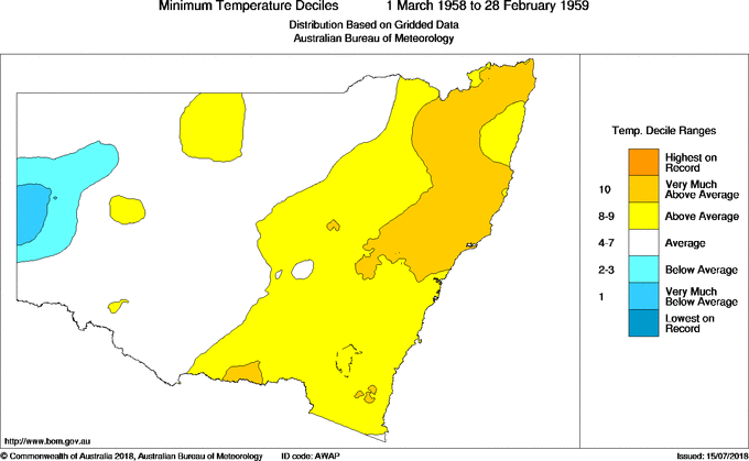 Twelve-monthly minimum temperature decile for New South Wales/ACT
