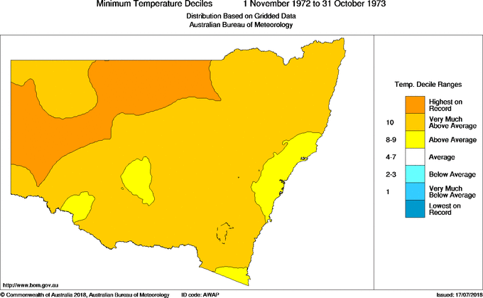 Twelve-monthly minimum temperature decile for New South Wales/ACT