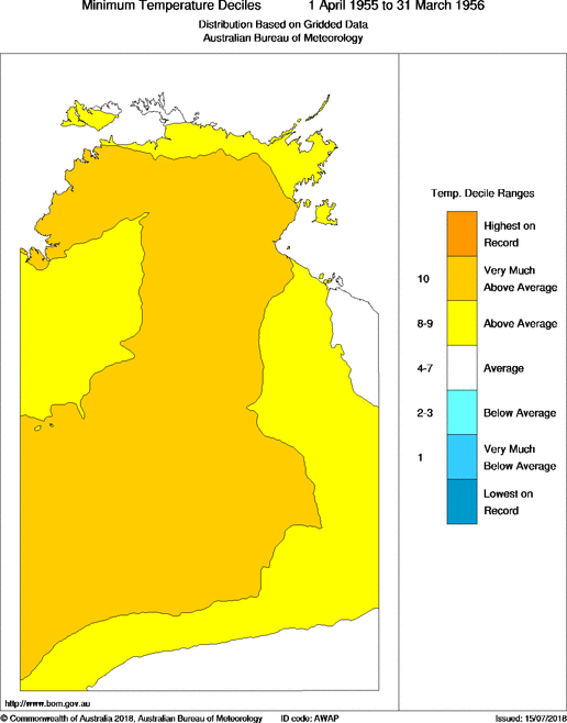 Twelve-monthly minimum temperature decile for Northern Territory