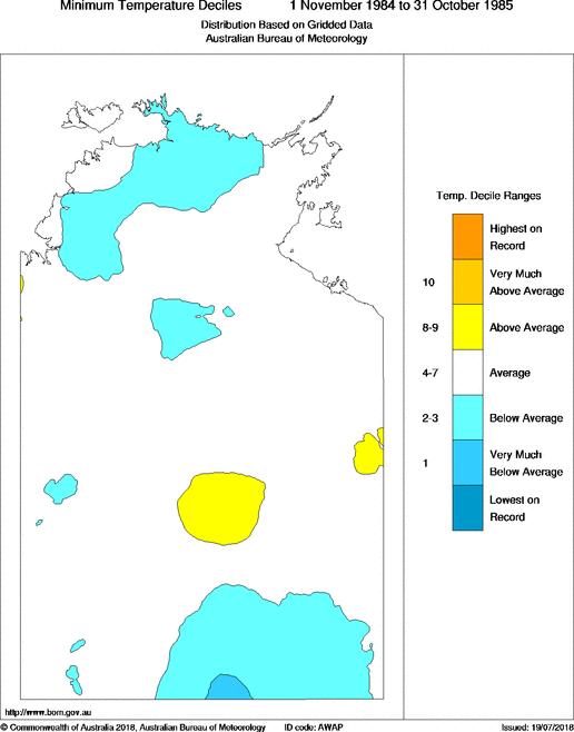 Twelve-monthly minimum temperature decile for Northern Territory