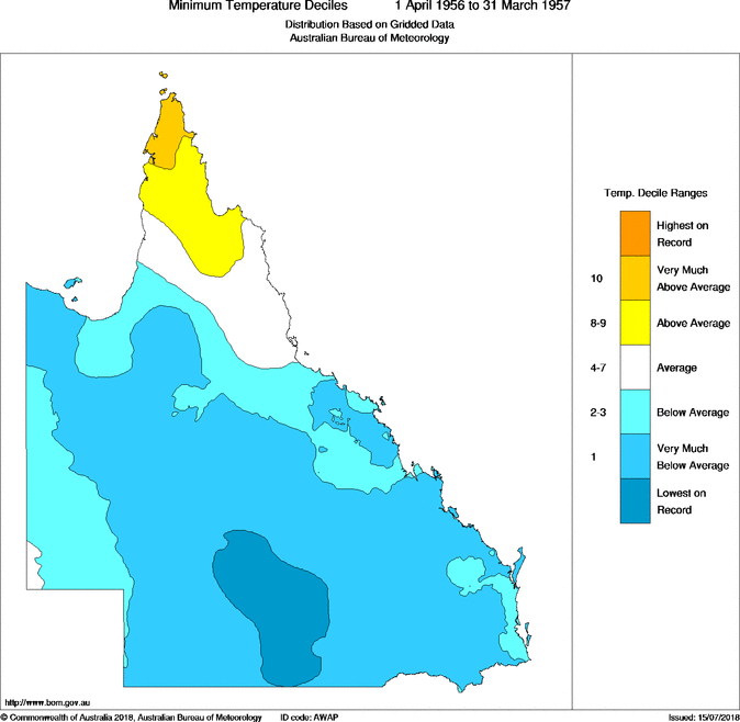 Twelve-monthly minimum temperature decile for Queensland