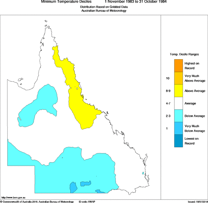 Twelve-monthly minimum temperature decile for Queensland