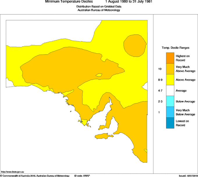 Twelve-monthly minimum temperature decile for South Australia