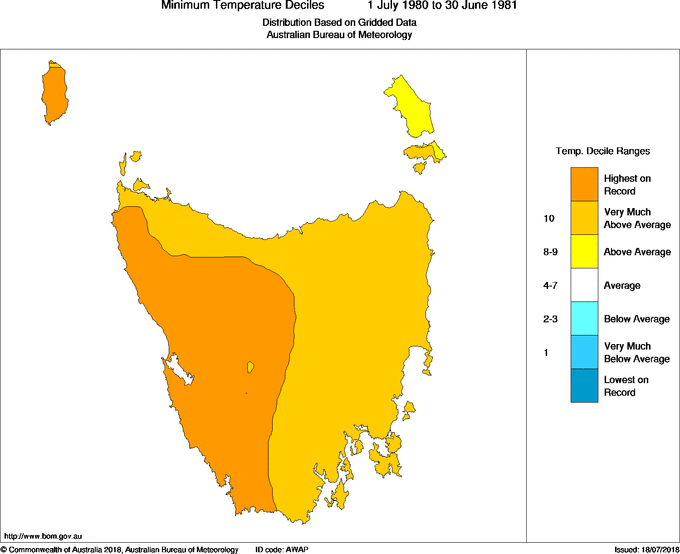 Twelve-monthly minimum temperature decile for Tasmania