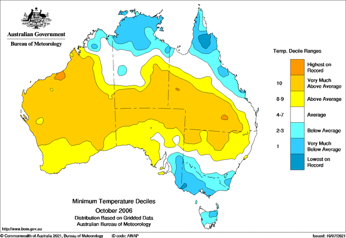 Monthly minimum temperature decile for Australia