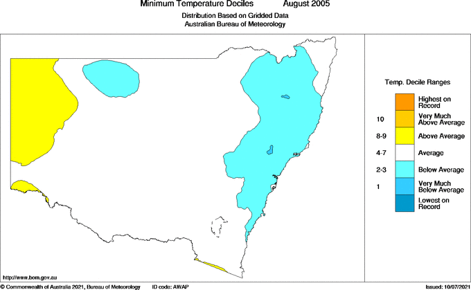 Monthly minimum temperature decile for New South Wales/ACT
