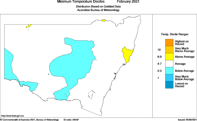 Map of Decile rank of mean minimum temperature