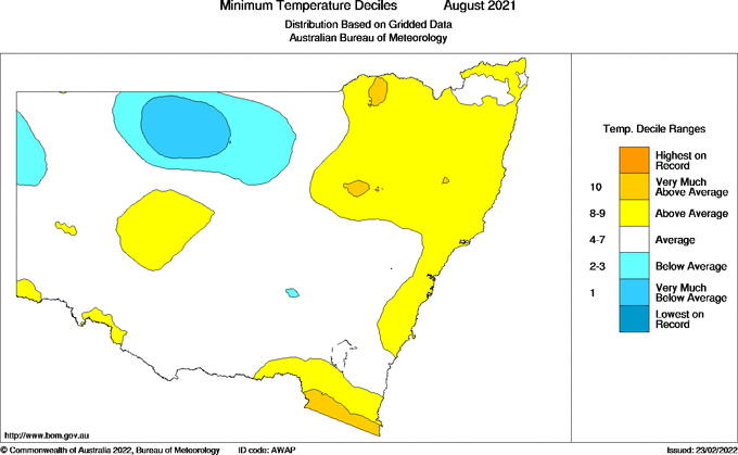 Map of Decile rank of mean minimum temperature