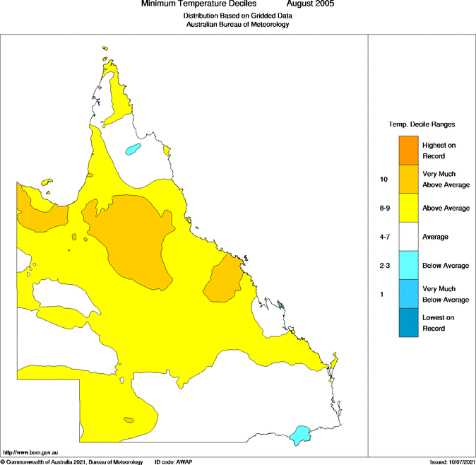 Monthly minimum temperature decile for Queensland