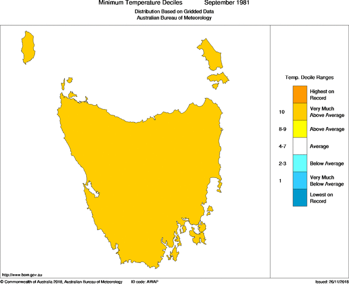 Monthly minimum temperature decile for Tasmania