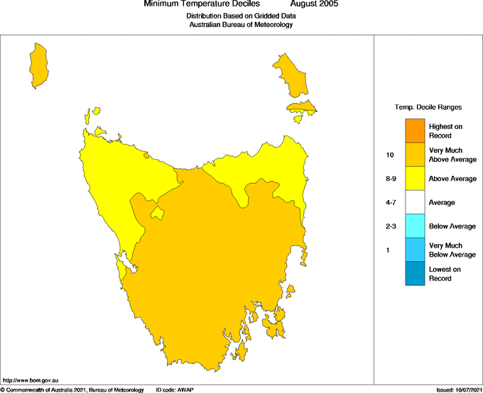 Monthly minimum temperature decile for Tasmania