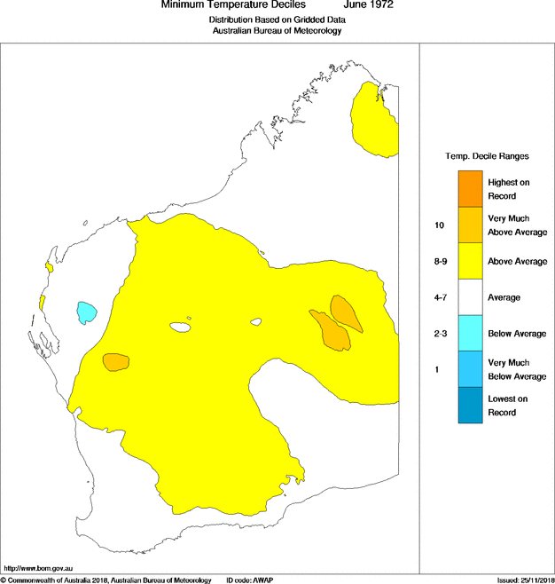 Monthly minimum temperature decile for Western Australia