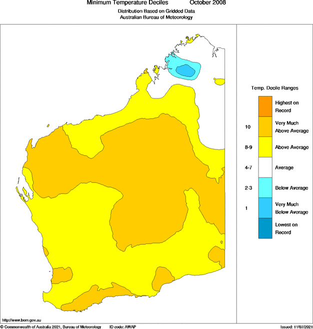 Monthly minimum temperature decile for Western Australia